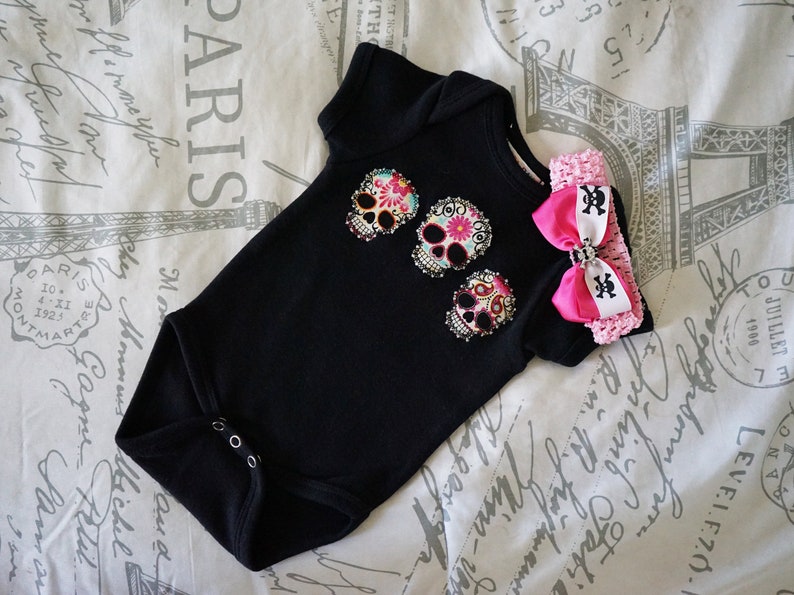 Olivia Paige Sugar skull baby girls rockabilly punk rock outfit bodysuit with headband hair bow image 2