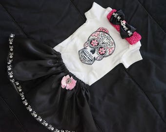 Olivia Paige - Little sugar skull rockabilly punk rock outfit/ bodysuit with satin skirt &headband