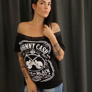 Olivia Paige Diy shirt Johnny Cash Guitars top with lace shoulder off image 4