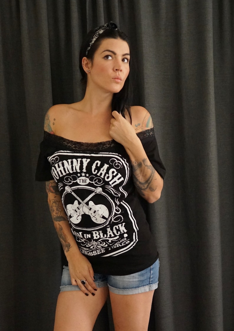 Olivia Paige Diy shirt Johnny Cash Guitars top with lace shoulder off image 4