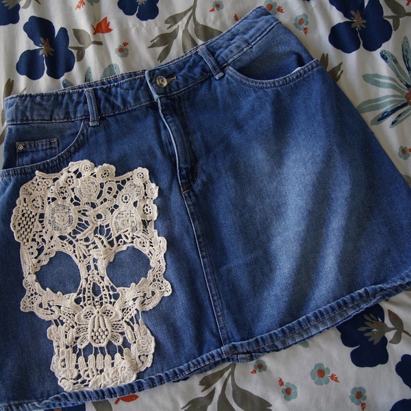 Olivia Paige  Clothing - Diy Recycle Embroidery Skull lace skirt denim jean