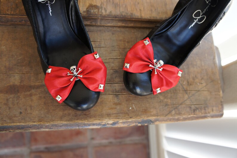 Olivia Paige Red satin Bow Sugar skull shoe Clips image 2