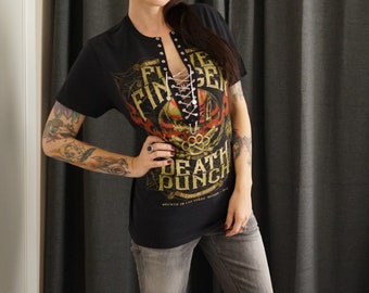 Olivia Paige -Diy shirt Five Finger Death Punch Top with lacing lace up shirt with chain