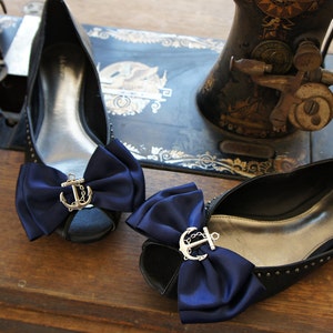 Olivia Paige Sailor Navy satin Anchor bows pin up Shoe Clips image 3