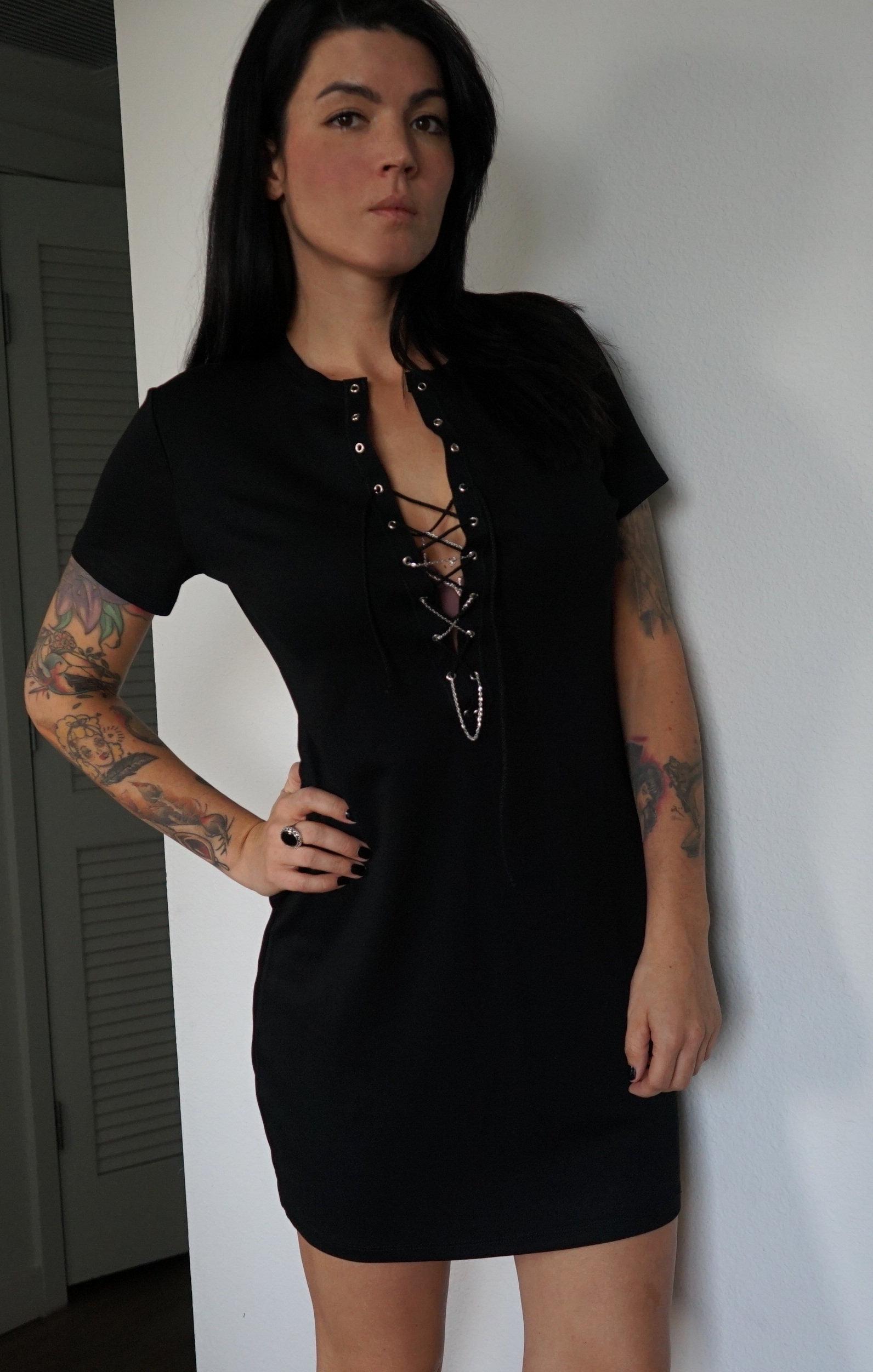 knee length dresses for ladies Black chiffon dress with a metal gold structured belt main image 0