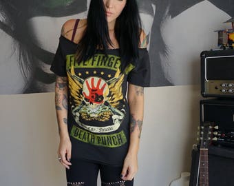 Olivia Paige -Diy shirt Five finger death punch lace up concert band top shirt with shoulder off