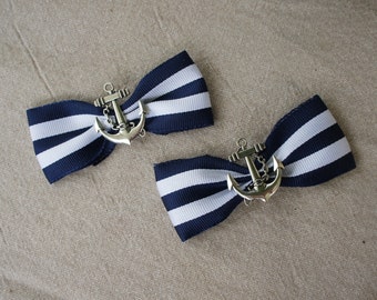 Olivia Paige -Rockabilly Navy Anchor Stripes Bows  shoe Clips   Pin up