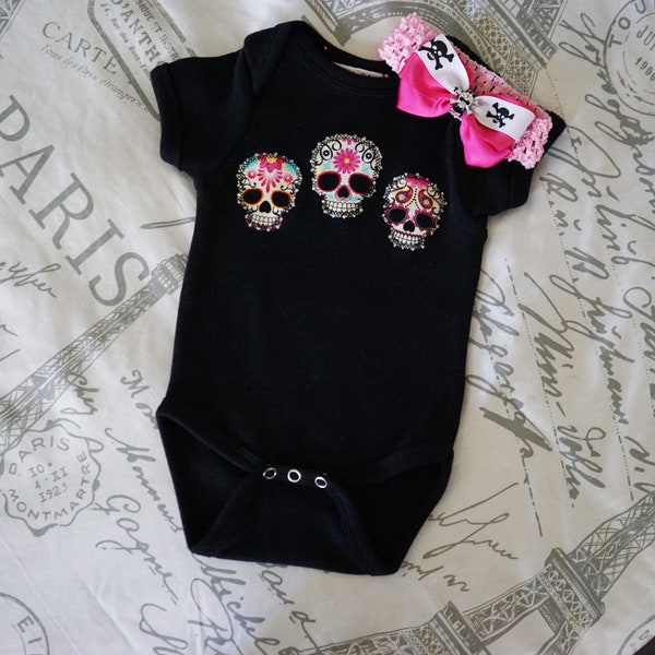 Olivia Paige -Sugar skull baby girls rockabilly punk rock outfit bodysuit with headband hair  bow