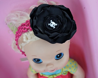 Olivia Paige -Baby skull satin skeleton Halloween flower HEADBAND