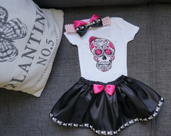 Olivia Paige - Little sugar skull rockabilly punk rock outfit/ bodysuit with skirt headband Halloween