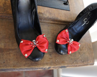 Olivia Paige - Red satin Bow Sugar skull shoe Clips