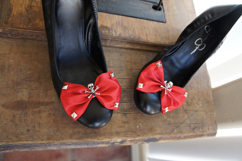 Olivia Paige Red satin Bow Sugar skull shoe Clips image 1