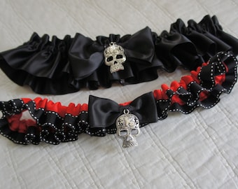 Olivia Paige - Garter, Wedding Accessory, Bridal Garter, Suagr skull skeleton Rockabilly pin up set sugar skull Bow Flower