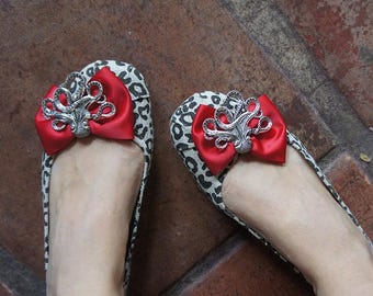Olivia Paige -Red satin Bows Octopus Leopard SHOE CLIPS  Rockabilly Pin up
