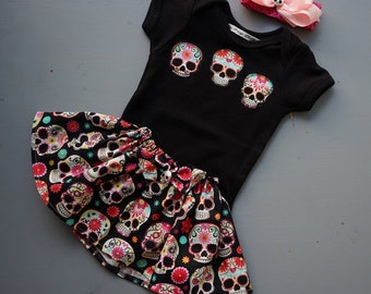 Olivia Paige - Little girls sugar skull Harley rockabilly pin up rock outfit skirt with bodysuit and headband