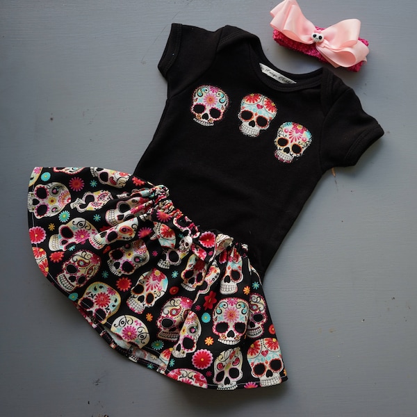 Olivia Paige - Little girls sugar skull Harley rockabilly pin up rock outfit skirt with bodysuit and headband