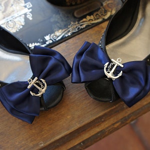 Olivia Paige Sailor Navy satin Anchor bows pin up Shoe Clips image 1