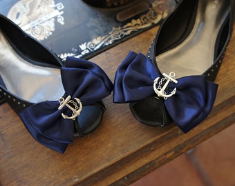 Olivia Paige - Sailor Navy satin Anchor  bows  pin up Shoe Clips