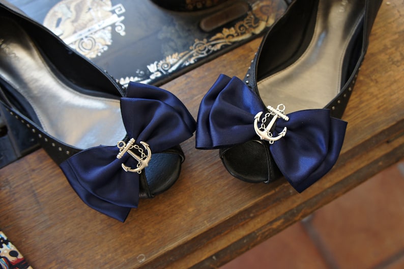 Olivia Paige Sailor Navy satin Anchor bows pin up Shoe Clips image 1