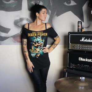 Five Finger Death Punch concert Music festival band crew Tee Shirt, T-Shirt  Lace Up Band Tee lacing back