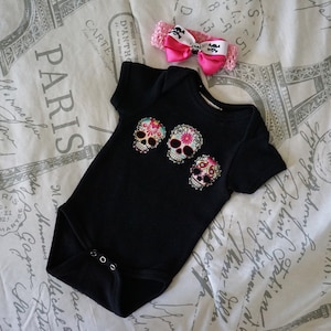 Olivia Paige Sugar skull baby girls rockabilly punk rock outfit bodysuit with headband hair bow image 3