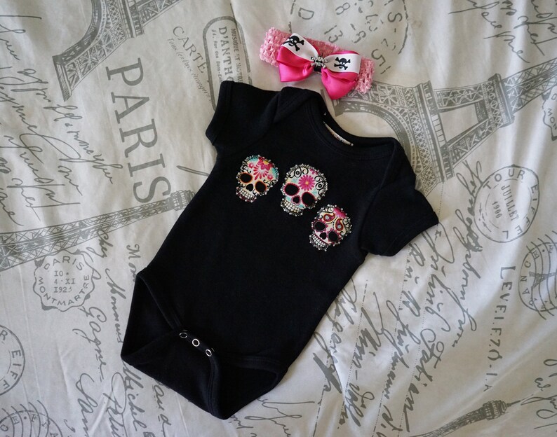 Olivia Paige Sugar skull baby girls rockabilly punk rock outfit bodysuit with headband hair bow image 3