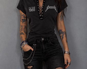 Lace-Up Metallica Concert Tee: Upcycled Band Shirt  Logo