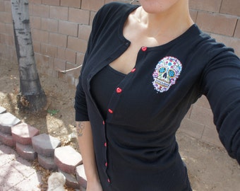 Olivia Paige - Black Sugar skull   Pin up cardigan sweather with hearts buttons