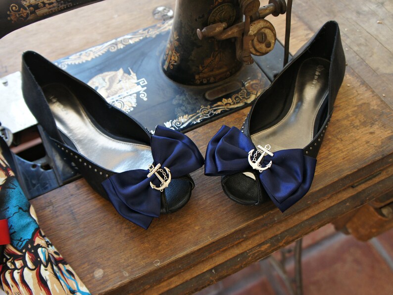 Olivia Paige Sailor Navy satin Anchor bows pin up Shoe Clips image 4