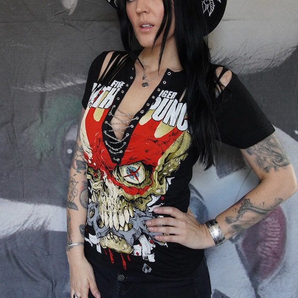 Olivia Paige -Diy shirt Five Finger Death Punch Top with lacing lace up band shirt