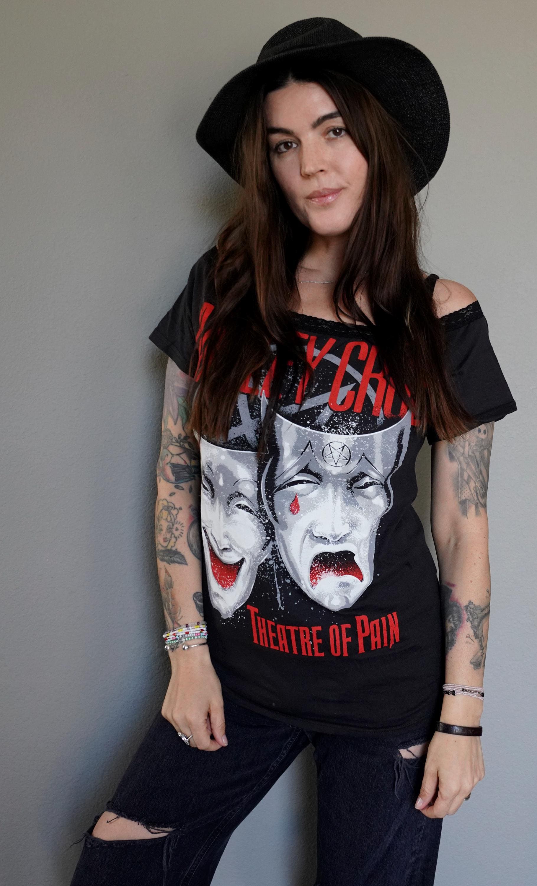 Motley Crue Band Tee: Lace-Up Scoop Neck, Shoulders Off - Upcycled Concert Shirt