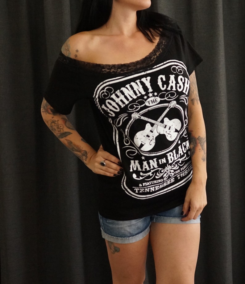 Olivia Paige Diy shirt Johnny Cash Guitars top with lace shoulder off image 2