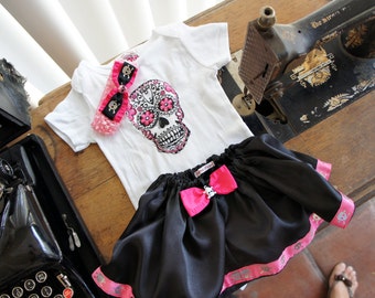 Olivia Paige - Little sugar skull rockabilly punk rock outfit/ bodysuit with satin skirt &headband