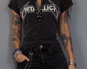Lace-Up Metallica Concert Tee: Upcycled Band Shirt Glitter Logo