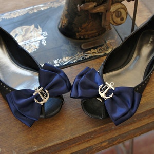 Olivia Paige Sailor Navy satin Anchor bows pin up Shoe Clips image 2