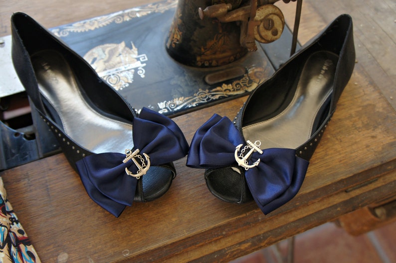 Olivia Paige Sailor Navy satin Anchor bows pin up Shoe Clips image 2