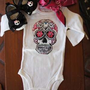 Olivia Paige Little punk rock tattoo Outfit Sugar skull bodysuit with shoes flats and bandana image 3
