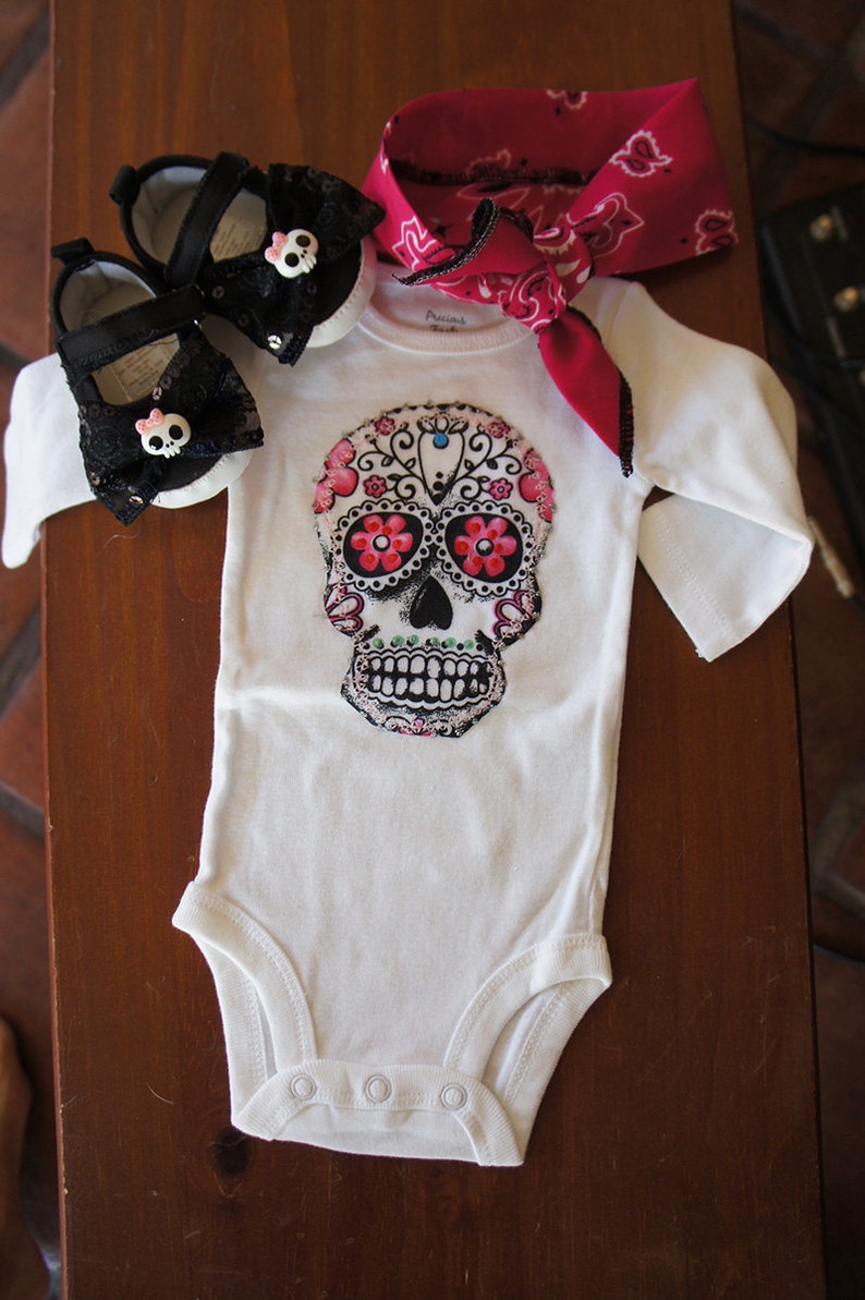 Olivia Paige Little punk rock tattoo Outfit Sugar skull bodysuit with shoes flats and bandana image 3