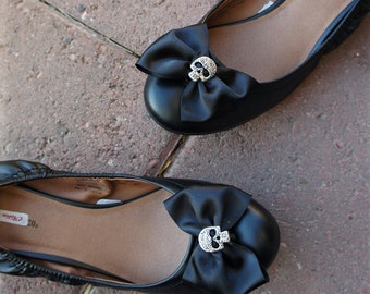 Olivia Paige - Black  satin Bows Sugar skull shoe Clips