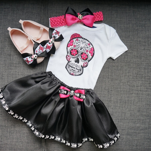 Olivia Paige - Little sugar skull rockabilly punk rock outfit/ bodysuit  Tattoo with headband skirt and shoes