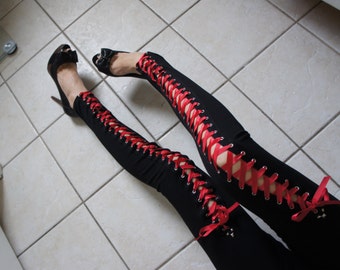 Olivia Paige -Punk rock Leggings with red ribbon Lace Up studs