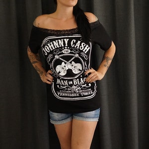 Olivia Paige -Diy shirt Johnny Cash Guitars  top with lace shoulder off