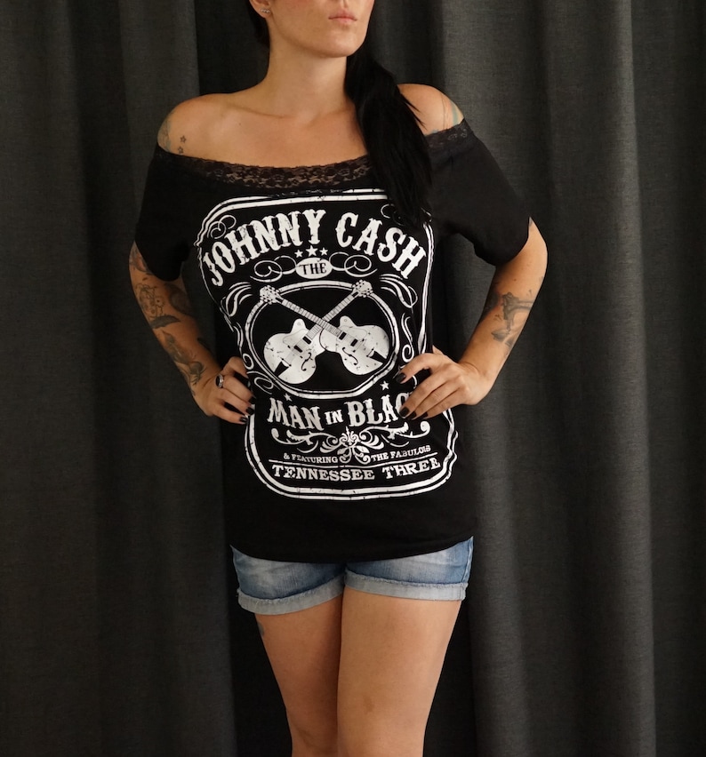 Olivia Paige Diy shirt Johnny Cash Guitars top with lace shoulder off image 1