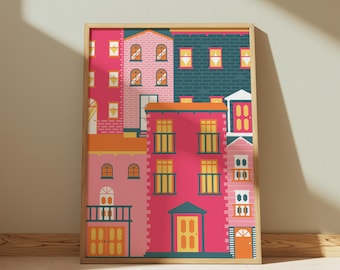 Colorful Houses Art Print: Whimsical Wall Decor