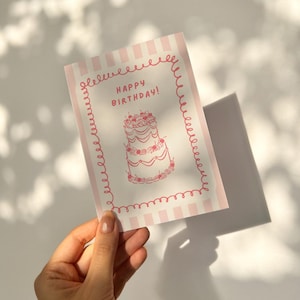 Pink Cake Happy Birthday Card - birthday, happy birthday card, greeting card, a5 cards, flowery birthday card, cake cards, pink bday