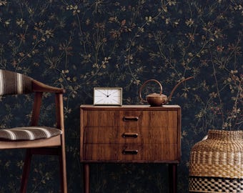 Dark Floral Wallpaper, Vintage Wildflower Mural, Navy Botanical Print, Moody Decor (Peel and Stick)