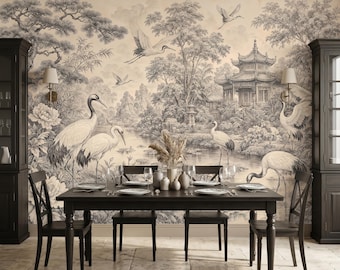 Vintage Chinoiserie-krantapet, svartvit pagodmålning (avskalbar och självhäftande)