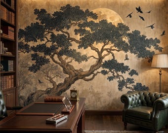 May include: A home office featuring a large wall mural of a dark tree against a golden moon, a dark wood desk with pens and a clock, a green leather armchair, a tall bookshelf filled with books, and a blue patterned rug on a dark wood floor.