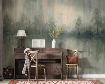 Misty Forest Wallpaper Oil Painting Lake Mural Sage Green Nature Peel and Stick Decor