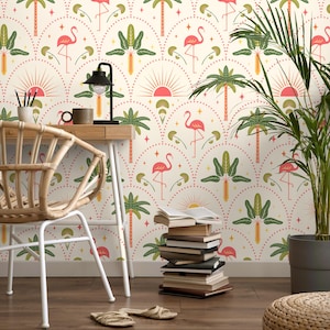 May include: Wallpaper featuring a repeating pattern of pink flamingos, green palm trees, and yellow suns on a cream background. The design includes arched dotted lines and small star shapes, creating a structured, symmetrical tropical motif.